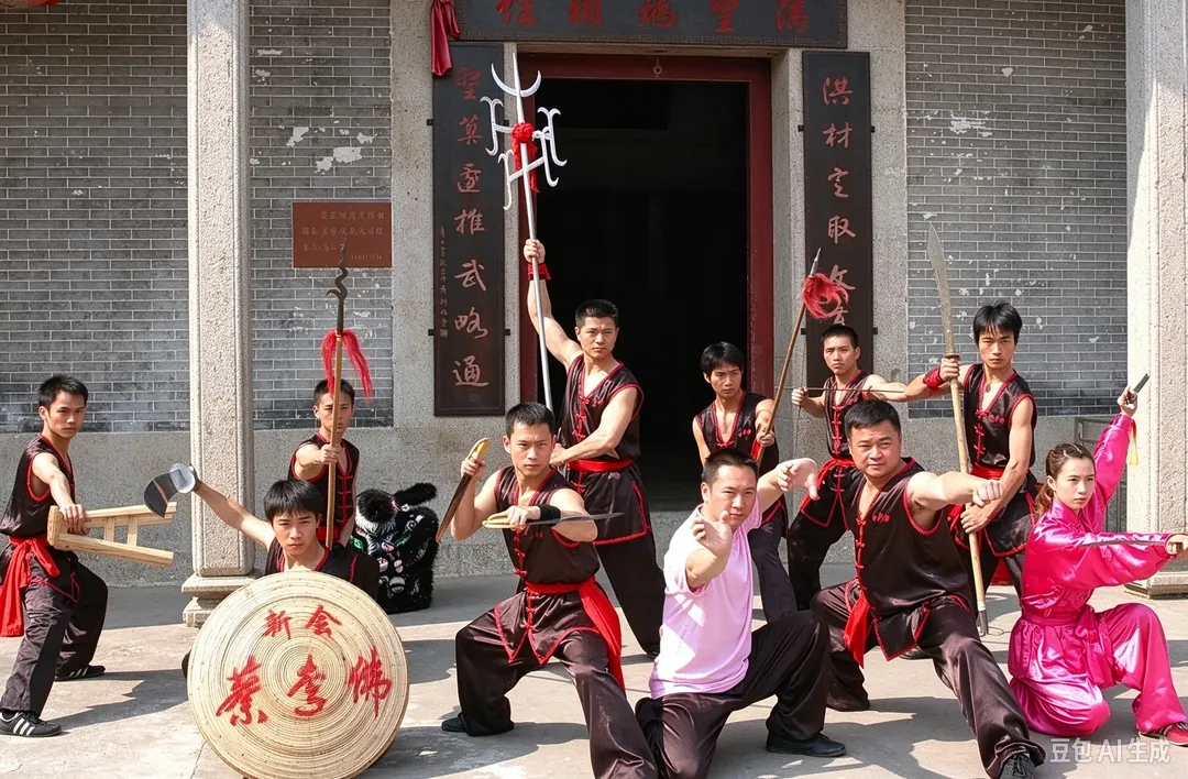 Choy Li Fut practitioners posing with the school's weapons outside an ancestral hall, holding a Nine Dragon Trident, spears, sabers, a sword, a bench and a wooden wheel